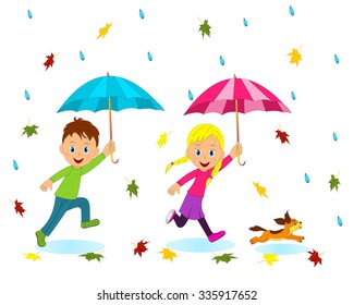 boy, girl and dog running under umbrella,illustration,vector