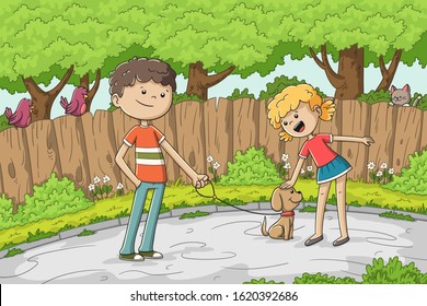 Boy and girl with a dog in the street. Hand drawn vector illustration with separate layers.