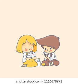 The Boy The Girl and the Dog Take Care Vector Illustration