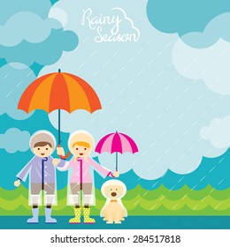 Boy Girl and Dog with Umbrella Rainy Season, Monsoon