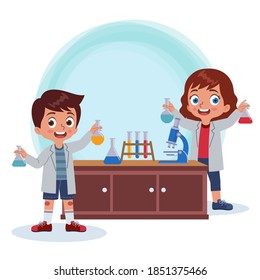 a boy and a girl doing experiments happily and holding a laboratory glass in a science class