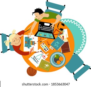 Boy and girl doing school work and drawing at home behind a dinner table, view from the top, EPS 8 vector illustration