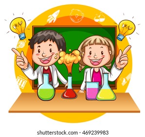 Boy and girl doing science experiment illustration