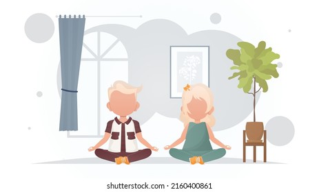 Boy and girl are doing yoga in the room. Meditation. Cartoon style. Vector illustration