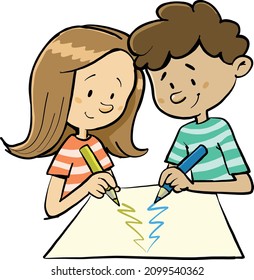 boy and a girl draw a Christmas tree on paper in front of them