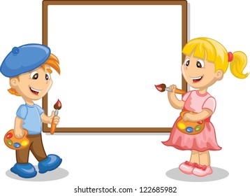 Boy and girl drawing on the easel