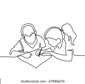 Boy and girl drawing on paper. Back to school concept. Continuous line drawing. Vector illustration on white background