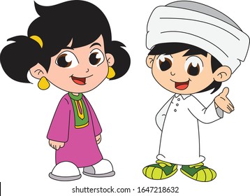 A boy and a girl dressed in old traditional clothes in the Middle East, Ramadan clothes, a boy and a girl dressed in Arabic folk clothes, Eid clothes