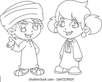 A boy and a girl dressed in old traditional clothes in the Middle East, Ramadan clothes, a boy and a girl dressed in Arabic folk clothes, Eid clothes - coloring page