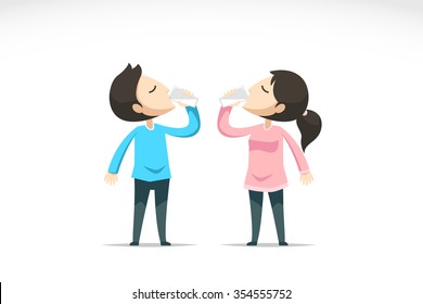 Boy and girl drink water. Vector illustration