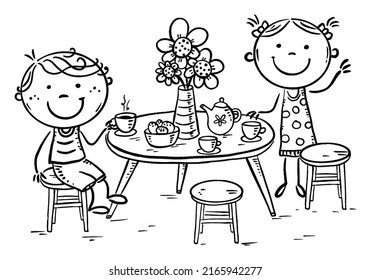 Boy and girl drinking tea, kids at the table