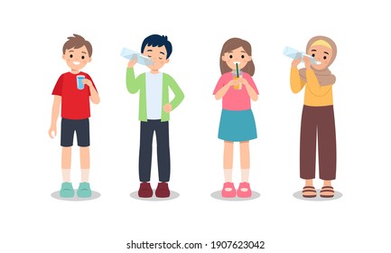 Boy and girl drinking water from glass and plastic bottle. Healthy lifestyle concept. Stay hydrate. Flat vector clip art isolated on white.