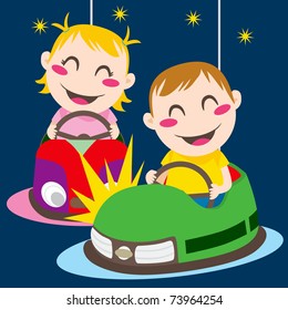 Boy and girl driving bumper cars having fun colliding