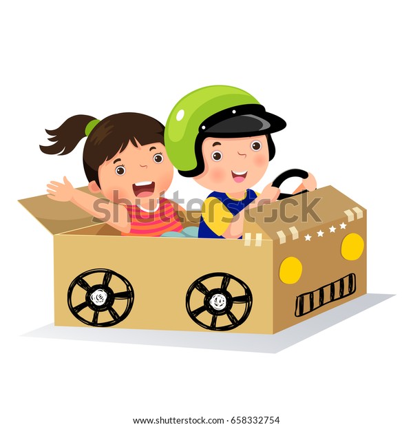 Boy and girl driving\
with cardboard car
