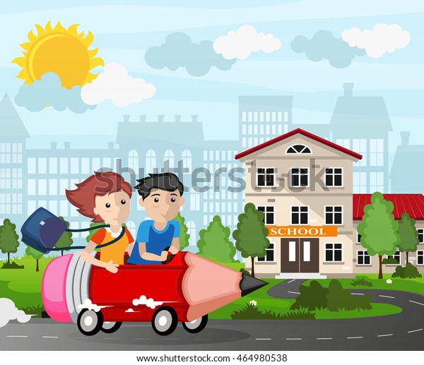 Boy and girl driving a pencil car. Back to\
school concept\
illustration