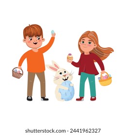 Boy and a girl, each holding baskets filled with beautifully painted eggs, share a moment of joy with a cute bunny, nestled between them, hugging a giant painted egg. Easter
