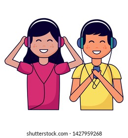 boy and girl with earphones listening music vector illustration