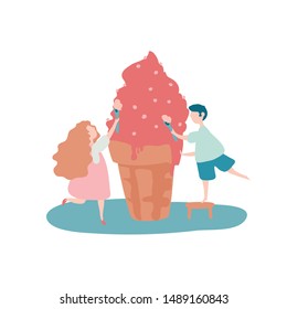 boy and girl eat ice cream with a spoon. kids eat a huge dessert