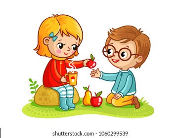 Boy and a girl eat in nature. Children at the picnic eat fruit. Vector illustration in children`s style.