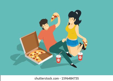 
Boy And Girl Eat Pizza. Isometry. Vector Illustration.