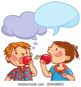Boy and Girl eating apples with speech Bubbles. Isolated objects. Children illustration for School books, magazines, advertising and more. Separate Objects. VECTOR.
