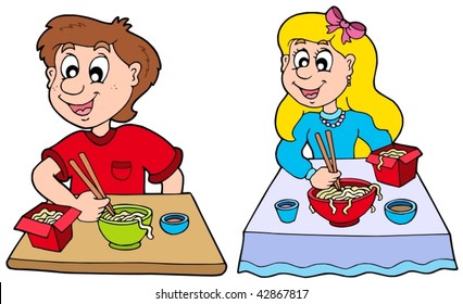 Boy and girl eating Chinese food - vector illustration.