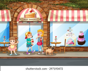 Boy and girl eating dessert at the bakery shop