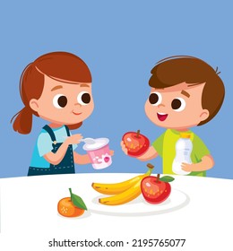 A boy and a girl eating healthy eco food. Kids have fruits and milk, dairy products for breakfast. Girl consumes yogurt. The boy eats apple for breakfast, lunch or snack. Summer family meal.