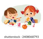 Boy and girl eating healthy homemade food. Kids have porch for breakfast. The girl drinks soda and eats cereal for lunch. Family meal.