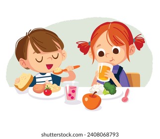 Boy and girl eating healthy homemade food. Kids have porch for breakfast. The girl drinks soda and eats cereal for lunch. Family meal.