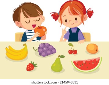 Boy and girl eating healthy organic, vegetarian, vegan food. Kids have fruits and berries for breakfast. The girl having thoughts about what to eat. Summer family meal.