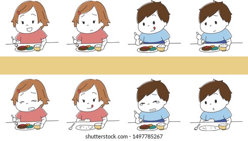 Boy and girl eating landscape illustration set