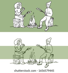 Boy and girl eating marshmallows by a bonfire. Vector illustration of friends eating marshmallows outdoors.
