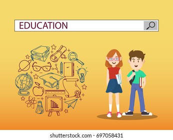 Boy and girl with education search engine bar illustration design.vector