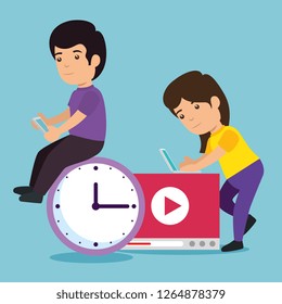 boy and girl with education video and clock