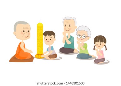 Boy Girl and Elderly couple Offering Buddhist with Lent Candles Vector