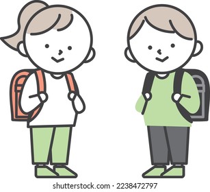 Boy and girl elementary school students carrying school bags.