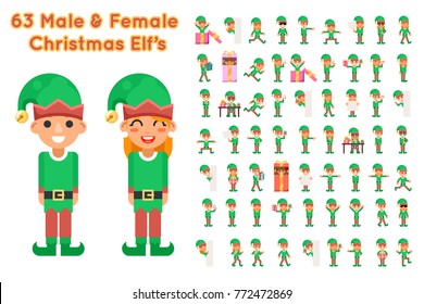 Boy And Girl Elf Characters Christmas Santa Claus Helper in Different Poses Actions Teen Icons Set New Year Gift Holiday Flat Design Vector Illustration