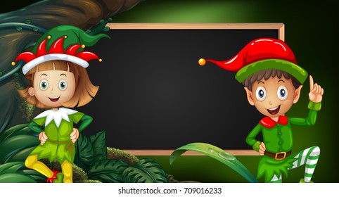 Boy and girl in elf costume by blackboard illustration