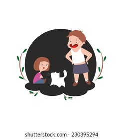 A boy and a girl enjoing quality time with cat / Children play with a cat