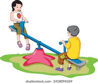 Boy and girl enjoying on the see saw