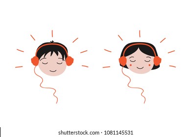 Boy and girl enjoying sounds in their headphones, concept of listenning music.