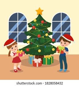 Boy and girl exchange present. Christmas party situation. Merry Christmas. Children clip art. Gifts under Christmas tree. Flat style cartoon vector.