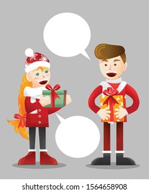 A boy and a girl exchanging Christmas gift