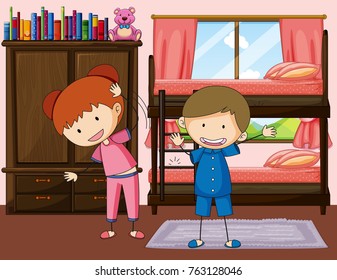 Boy and girl exercise in bedroom illustration