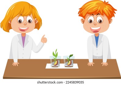 Boy and girl experiment on plant growing illustration