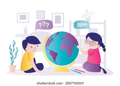 Boy and girl exploring large globe. Children sit and study geography. Concept of education and primary class. Students studying world map. Curious kids. Room interior design. Flat vector illustration