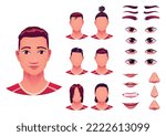 Boy and girl face construction, avatar creation with different head parts. Vector cartoon set of male and female eyes, noses, brows and lips. Head pack for face generator isolated on white background