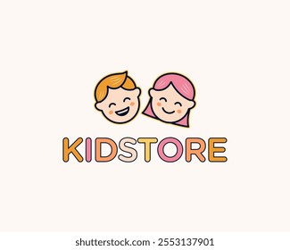 Boy Girl Face Playful Cheerful Cartoon Character Children Kids Store Vector Logo Design Illustration