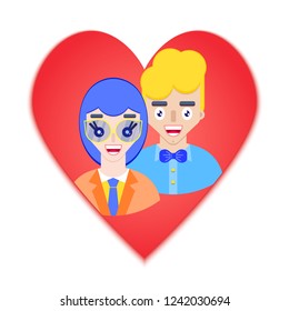 Boy and girl faces in red heart.Card for Valentines day